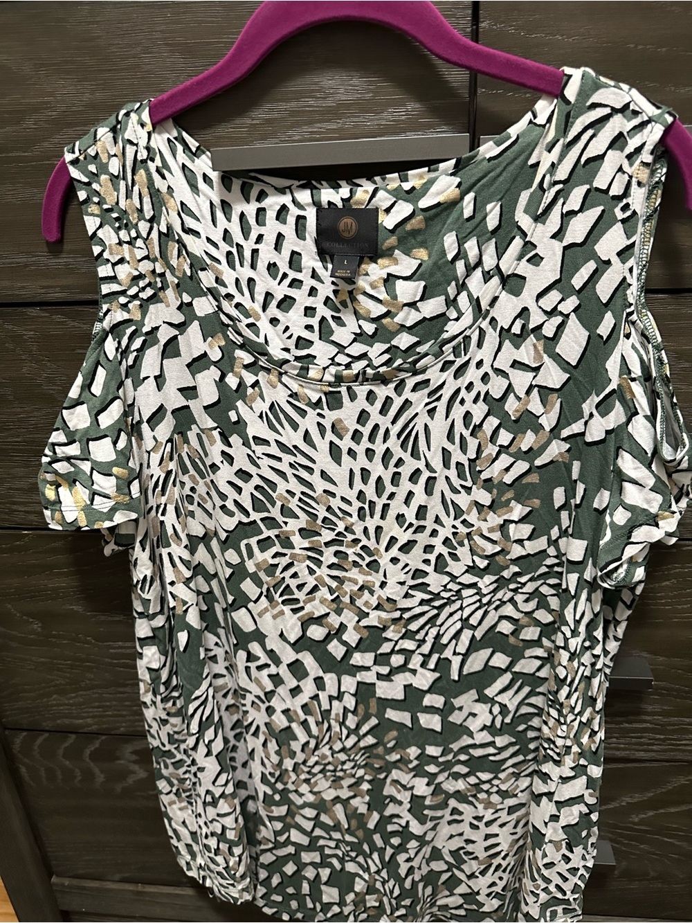 JM Collection Green Printed Cold-Shoulder Top with White and Gold Accents